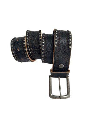 Vtg Black Full Grain Leather Belt Silver Tone Studs & Buckle Embossed Pattern S